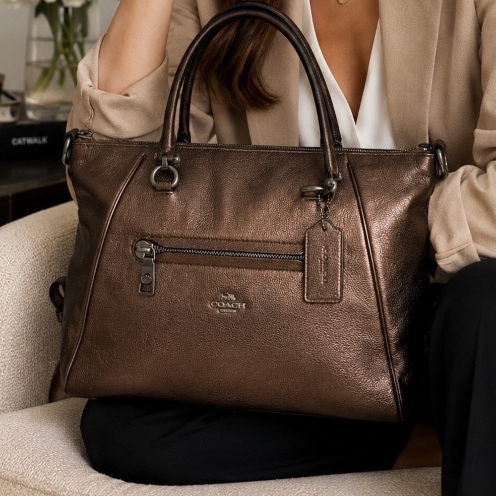 Coach Primrose Satchel Tote Bronze Metallic Pebbled Leather Gunmetal Hardware - Picture 2 of 16
